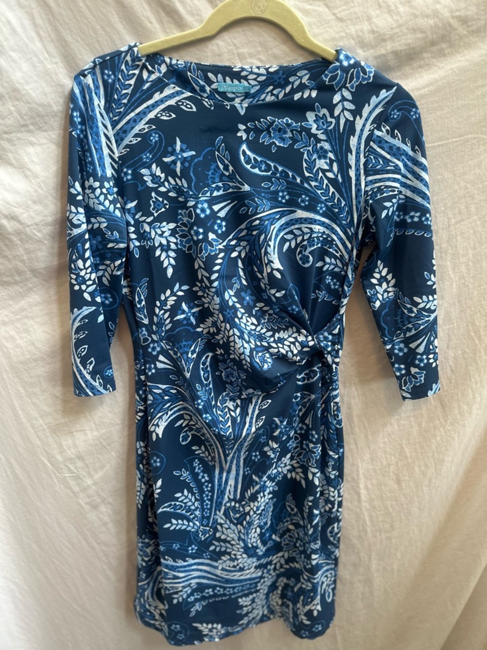 J. McLaughlin Blue and White Paisley Knot-Front Long Sleeve Dress